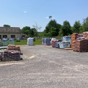 Pallets stacked with bags of garden supplies displayed in front of a store.