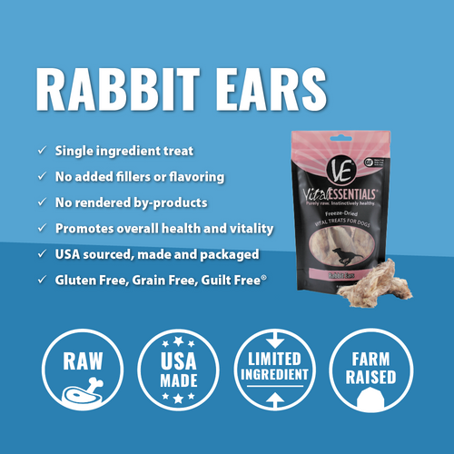 Vital Essentials Freeze Dried Grain Free Rabbit Ears Limited Ingredient Dog Treats