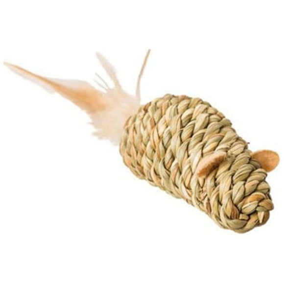SPOT SEAGRASS MOUSE W/FEATHERS (4 IN, TAN)